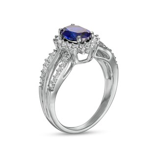 Oval Blue and White Lab-Created Sapphire Shadow Frame Split Shank Ring in Sterling Silver