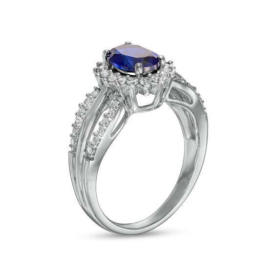 Oval Blue and White Lab-Created Sapphire Shadow Frame Split Shank Ring in Sterling Silver