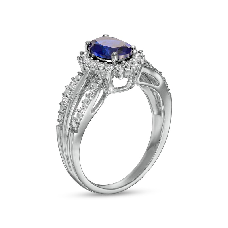 Oval Blue and White Lab-Created Sapphire Shadow Frame Split Shank Ring in Sterling Silver