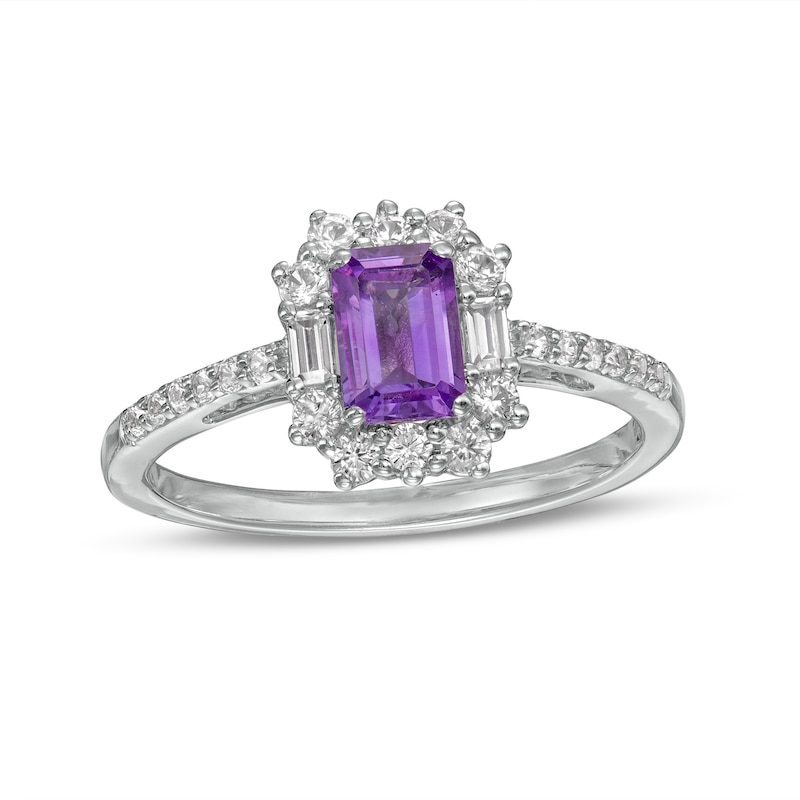 Emerald-Cut Amethyst and White Lab-Created Sapphire Ornate Frame Ring in Sterling Silver