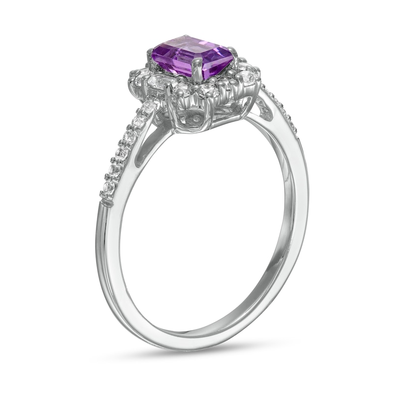 Emerald-Cut Amethyst and White Lab-Created Sapphire Ornate Frame Ring in Sterling Silver
