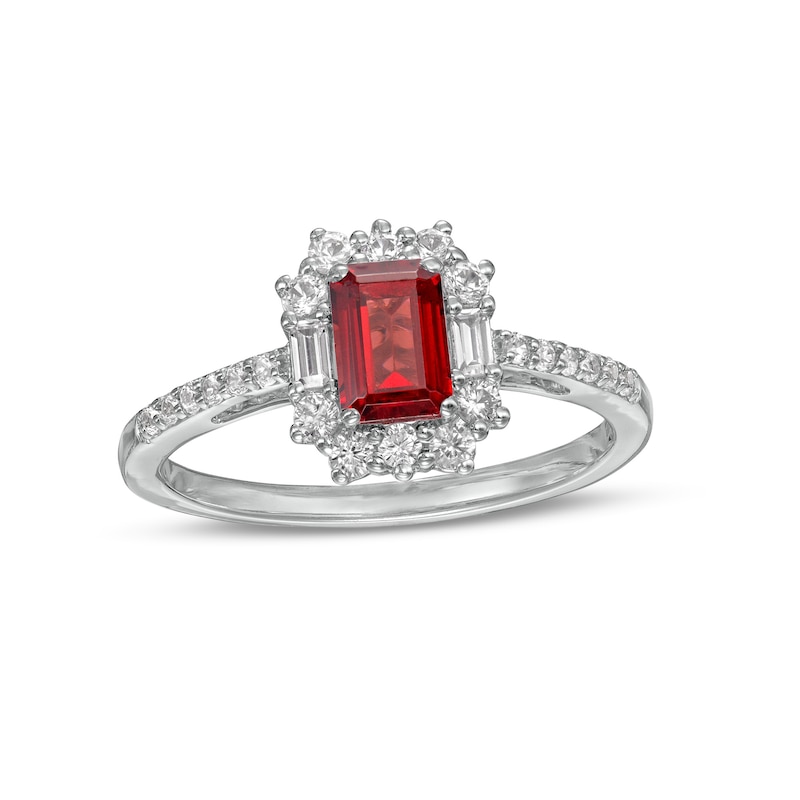 Emerald-Cut Garnet and White Lab-Created Sapphire Ornate Frame Ring in Sterling Silver|Peoples Jewellers