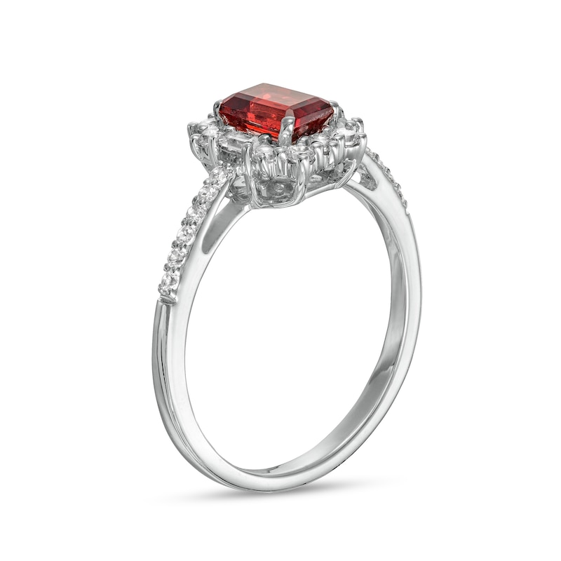 Emerald-Cut Garnet and White Lab-Created Sapphire Ornate Frame Ring in Sterling Silver