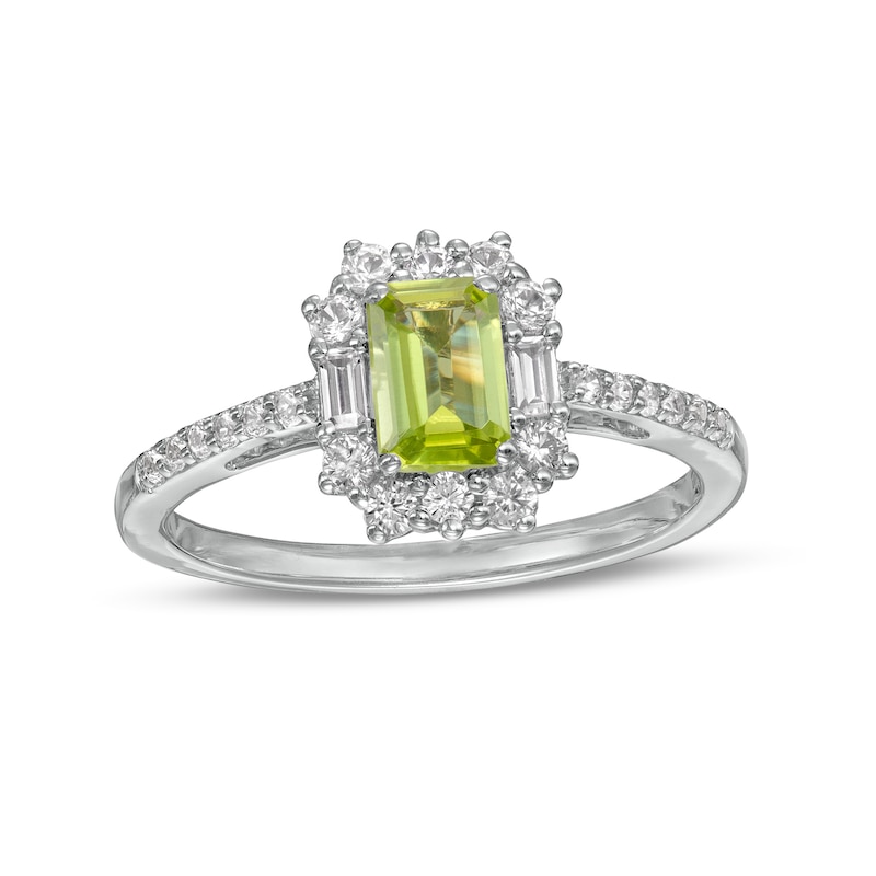 Main Image 1 of Emerald-Cut Peridot and White Lab-Created Sapphire Ornate Frame Ring in Sterling Silver