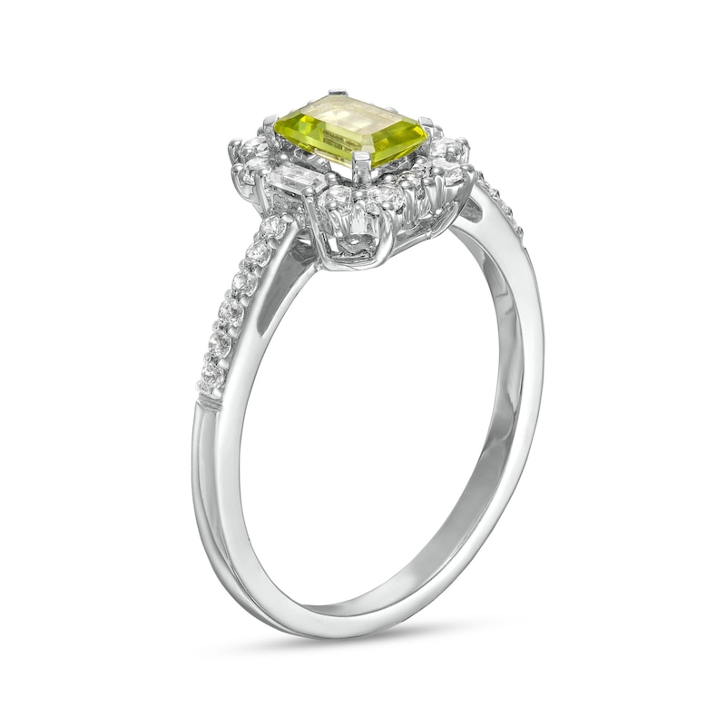 Main Image 3 of Emerald-Cut Peridot and White Lab-Created Sapphire Ornate Frame Ring in Sterling Silver