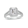 Thumbnail Image 0 of Emerald-Cut White Lab-Created Sapphire Frame Split Shank Ring in Sterling Silver