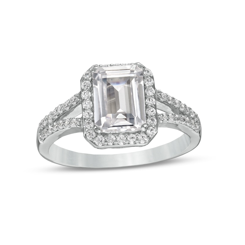 Emerald-Cut White Lab-Created Sapphire Frame Split Shank Ring in Sterling Silver
