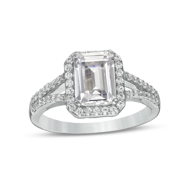 Emerald-Cut White Lab-Created Sapphire Frame Split Shank Ring in Sterling Silver|Peoples Jewellers