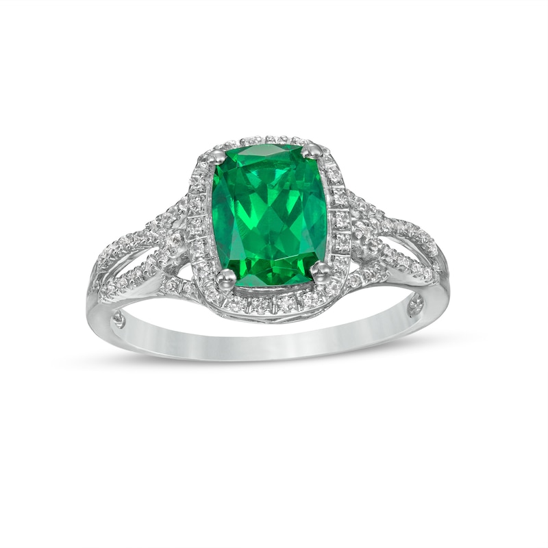 Cushion-Cut Lab-Created Emerald and White Lab-Created Sapphire Frame Split Shank Ring in Sterling Silver