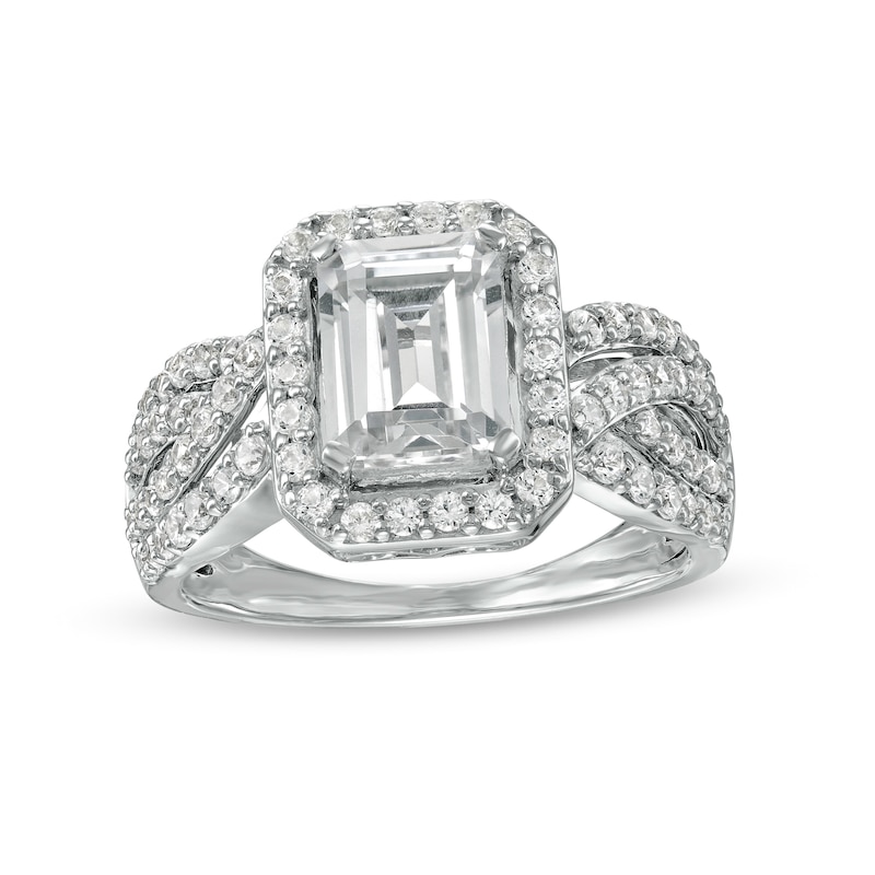 Emerald-Cut White Lab-Created Sapphire Frame Multi-Row Shank Ring in Sterling Silver
