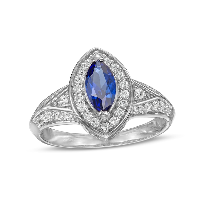 Marquise Blue and White Lab-Created Sapphire Frame Ring in Sterling Silver