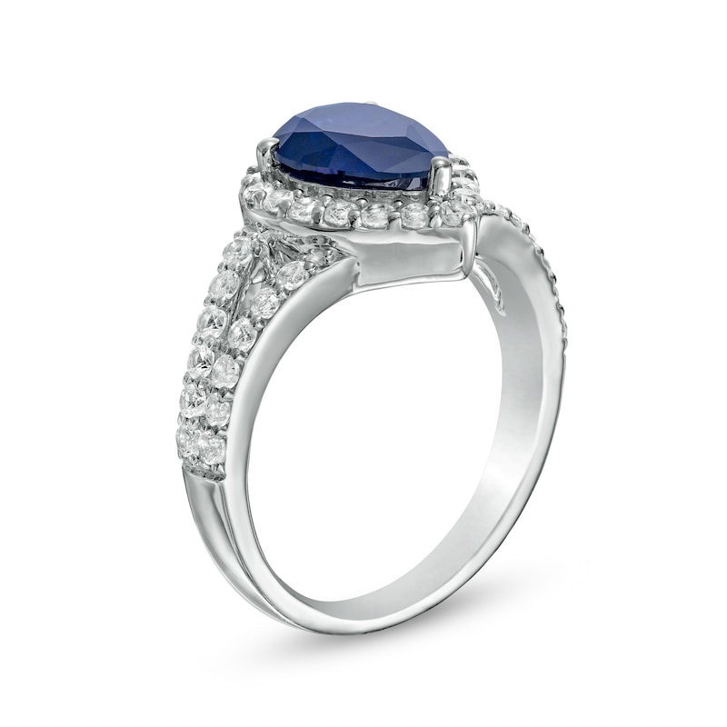 Pear-Shaped Blue and White Lab-Created Sapphire Frame Split Shank Ring in Sterling Silver