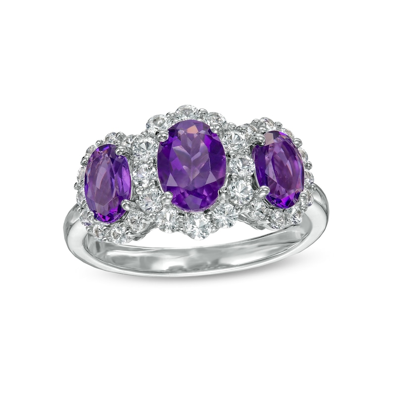 Oval Amethyst and White Lab-Created Sapphire Frame Three Stone Ring in Sterling Silver
