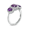 Thumbnail Image 2 of Oval Amethyst and White Lab-Created Sapphire Frame Three Stone Ring in Sterling Silver