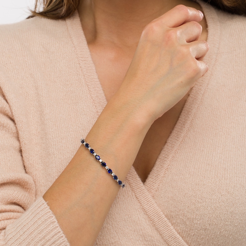Main Image 2 of Oval Blue and White Lab-Created Sapphire Alternating Line Bracelet in Sterling Silver - 7.25"