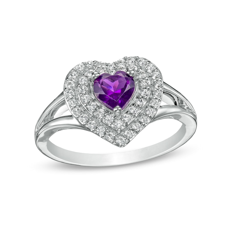 5.0mm Heart-Shaped Amethyst and White Lab-Created Sapphire Double Frame Ring in Sterling Silver