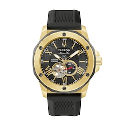 Men's Bulova Marine Star Gold-Tone Automatic Strap Watch with Black Skeleton Dial (Model: 98A272)
