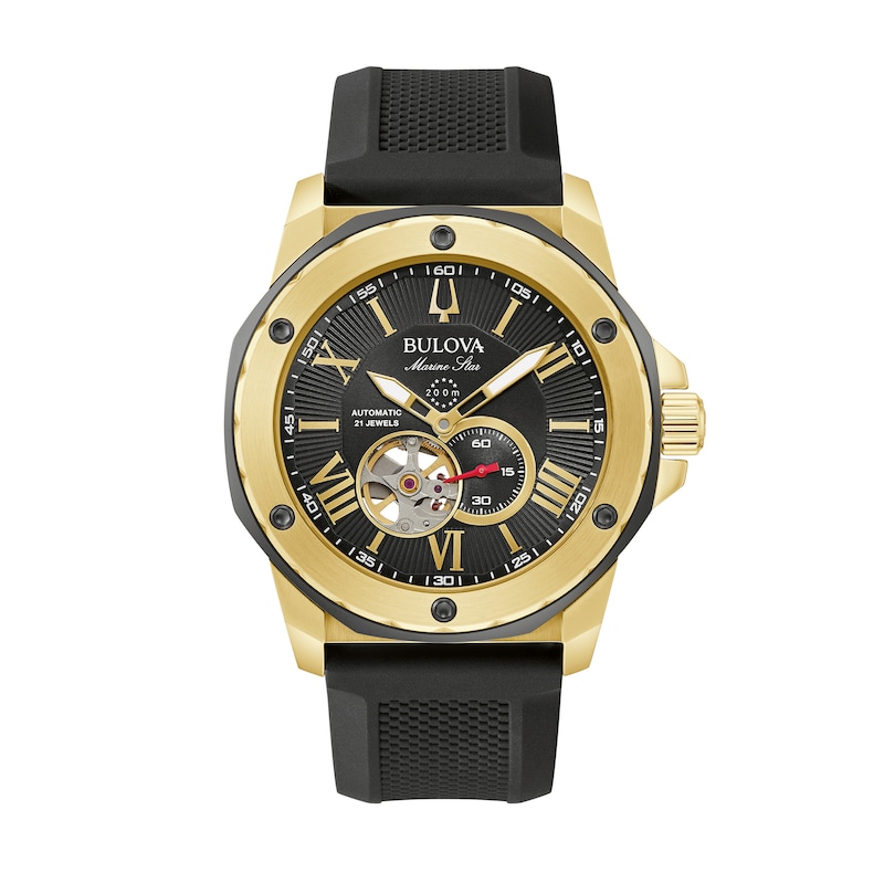 Men's Bulova Marine Star Gold-Tone Automatic Strap Watch with Black Skeleton Dial (Model: 98A272)