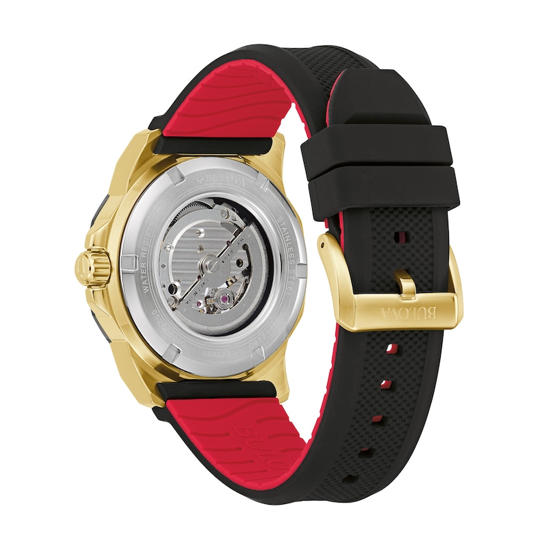 Men's Bulova Marine Star Gold-Tone Automatic Strap Watch with Black Skeleton Dial (Model: 98A272)