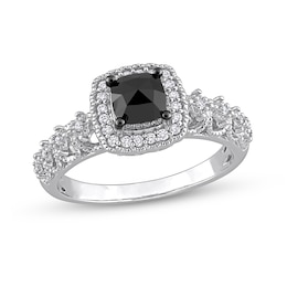 1.13 CT. T.W. Cushion-Shaped Black Enhanced and White Diamond Frame Vintage-Style Engagement Ring in 14K White Gold