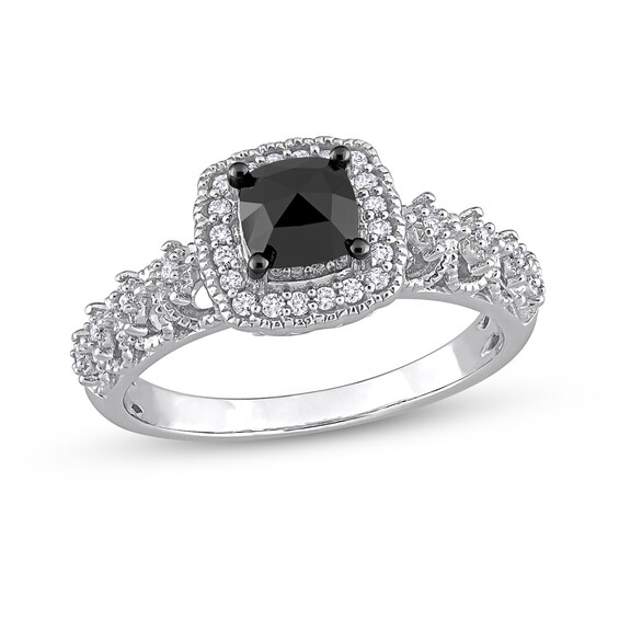 1.13 CT. T.W. Cushion-Shaped Black Enhanced and White Diamond Frame Vintage-Style Engagement Ring in 14K White Gold