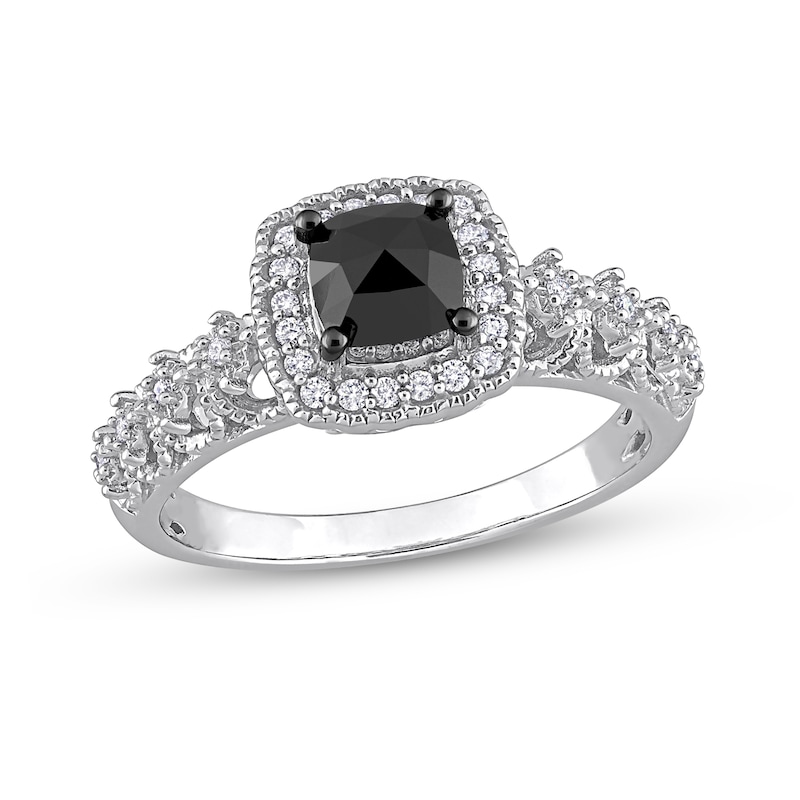 1.13 CT. T.W. Cushion-Shaped Black Enhanced and White Diamond Frame Vintage-Style Engagement Ring in 14K White Gold