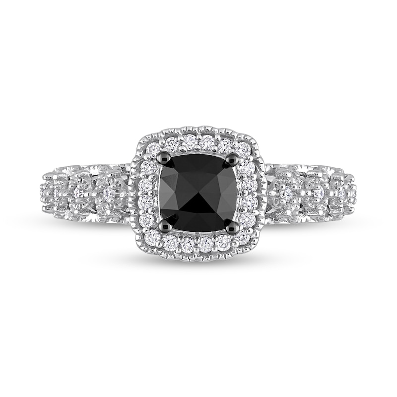Main Image 4 of 1.13 CT. T.W. Cushion-Shaped Black Enhanced and White Diamond Frame Vintage-Style Engagement Ring in 14K White Gold