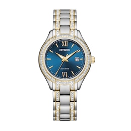 Ladies' Citizen Eco-Drive® Silhouette Crystal Accent Two-Tone Watch with Blue Dial (Model: FE1234-50L)