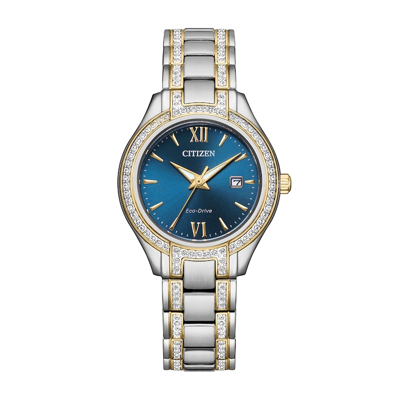 Ladies' Citizen Eco-Drive® Silhouette Crystal Accent Two-Tone Watch with Blue Dial (Model: FE1234-50L)