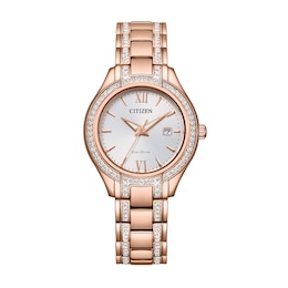 Ladies' Citizen Eco-Drive® Silhouette Crystal Accent Rose-Tone Watch with Silver-Tone Dial (Model: FE1233-52A)