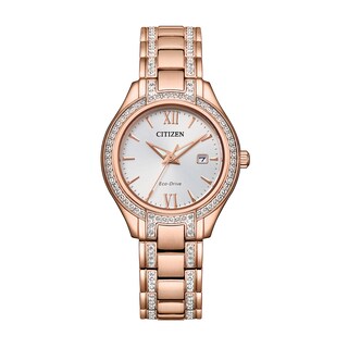 Ladies' Citizen Eco-Drive® Silhouette Crystal Accent Rose-Tone Watch with Silver-Tone Dial (Model: FE1233-52A)