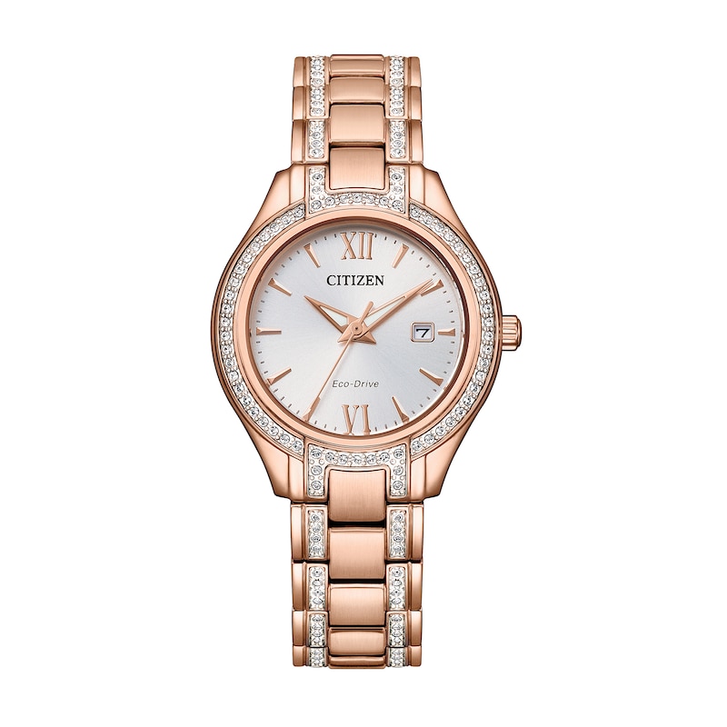 Ladies' Citizen Eco-Drive® Silhouette Crystal Accent Rose-Tone Watch with Silver-Tone Dial (Model: FE1233-52A)|Peoples Jewellers