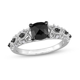 1.12 CT. T.W. Black Enhanced and White Cushion-Shaped Diamond Twist Shank Engagement Ring in 14K White Gold