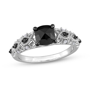 1.12 CT. T.W. Black Enhanced and White Cushion-Shaped Diamond Twist Shank Engagement Ring in 14K White Gold