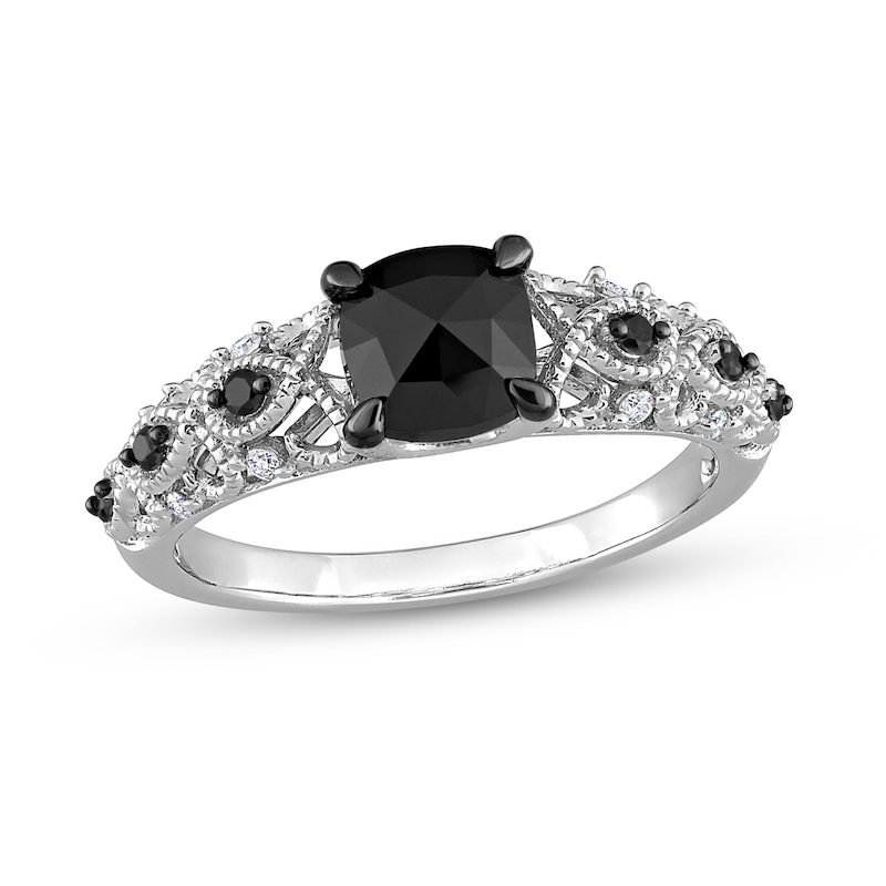 1.12 CT. T.W. Black Enhanced and White Cushion-Shaped Diamond Twist Shank Engagement Ring in 14K White Gold