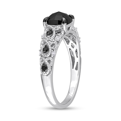 1.12 CT. T.W. Black Enhanced and White Cushion-Shaped Diamond Twist Shank Engagement Ring in 14K White Gold