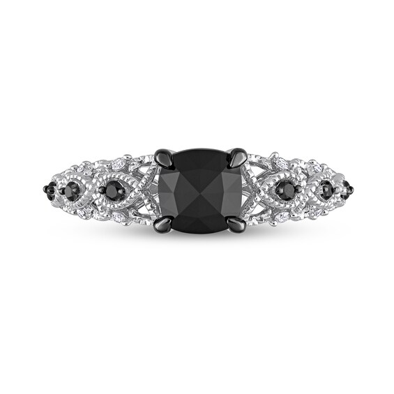 1.12 CT. T.W. Black Enhanced and White Cushion-Shaped Diamond Twist Shank Engagement Ring in 14K White Gold