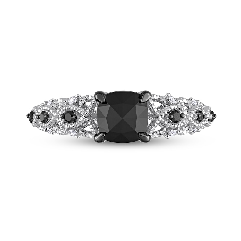 1.12 CT. T.W. Black Enhanced and White Cushion-Shaped Diamond Twist Shank Engagement Ring in 14K White Gold