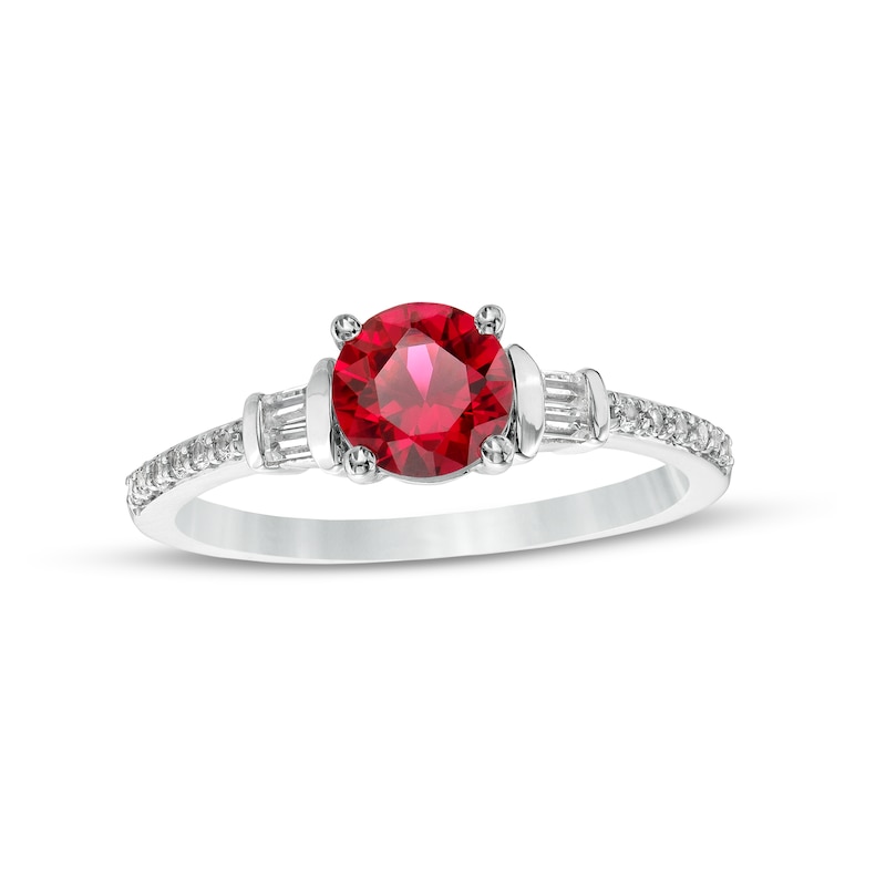 6.0mm Lab-Created Ruby with Baguette and Round White Lab-Created Sapphire Side Accent Ring in Sterling Silver