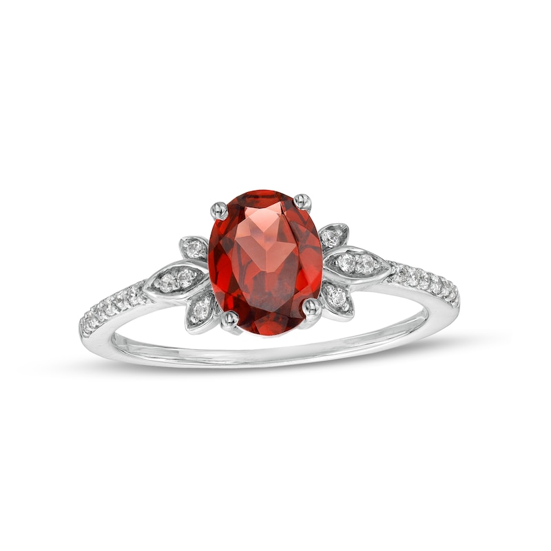 Oval Garnet and 0.086 CT. T.W. Diamond Leaf-Sides Floral Ring in 10K White Gold