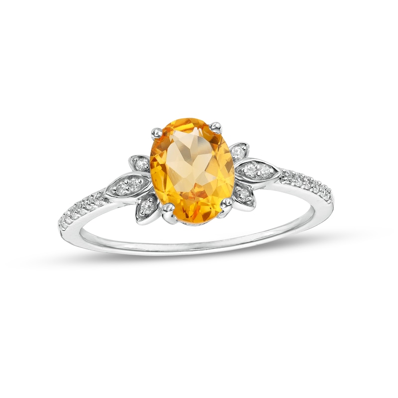 Oval Citrine and 0.086 CT. T.W. Diamond Leaf-Sides Floral Ring in 10K White Gold