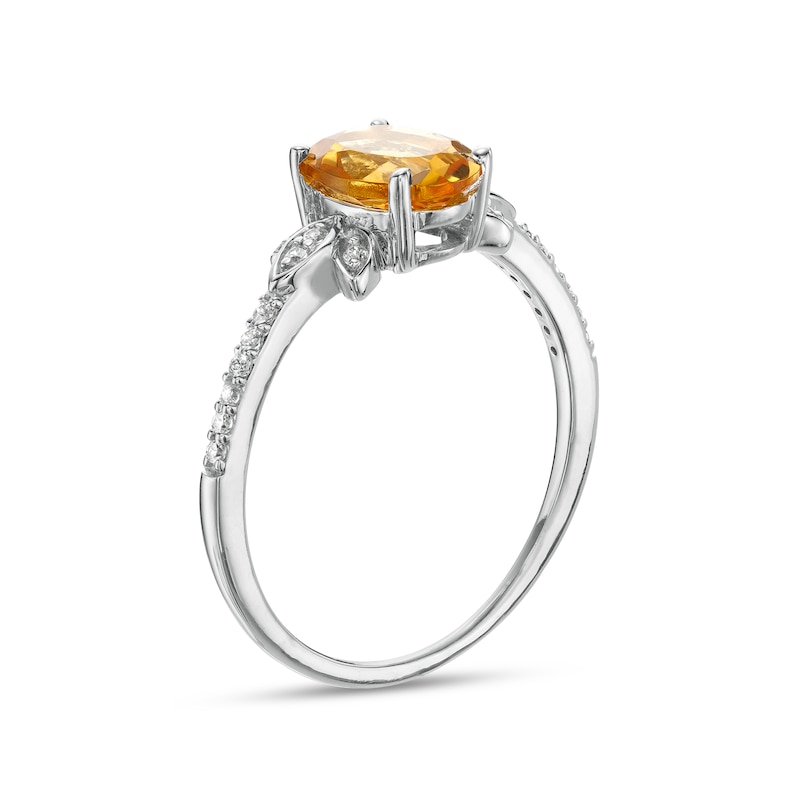 Oval Citrine and 0.086 CT. T.W. Diamond Leaf-Sides Floral Ring in 10K White Gold