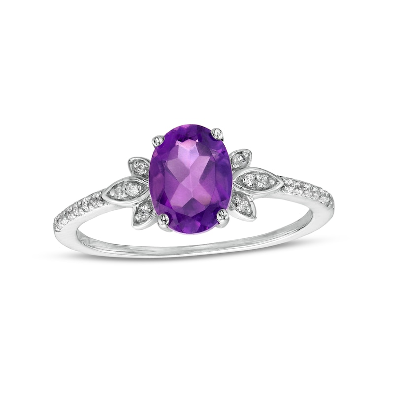 Oval Amethyst and 0.086 CT. T.W. Diamond Leaf-Sides Floral Ring in 10K White Gold