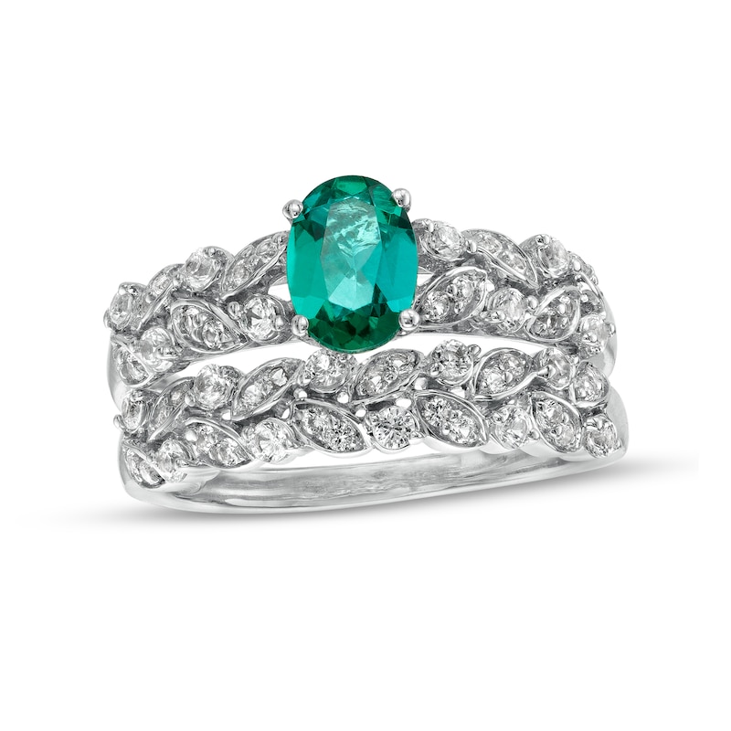 Main Image 1 of Oval Lab-Created Emerald and White Lab-Created Sapphire Double Row Leaf Shank Bridal Set in Sterling Silver