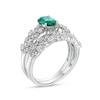 Thumbnail Image 3 of Oval Lab-Created Emerald and White Lab-Created Sapphire Double Row Leaf Shank Bridal Set in Sterling Silver