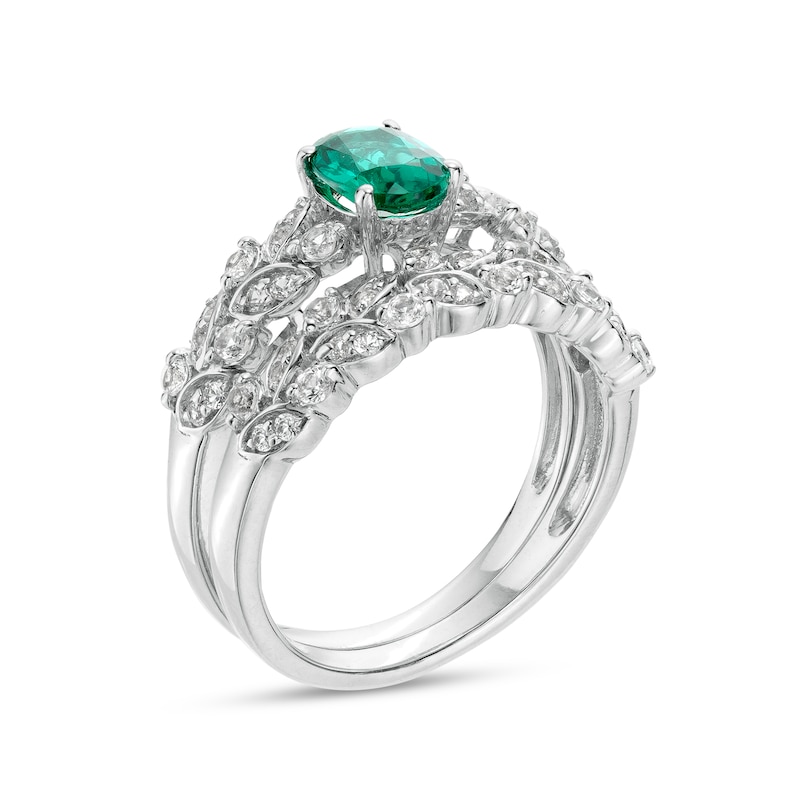 Main Image 3 of Oval Lab-Created Emerald and White Lab-Created Sapphire Double Row Leaf Shank Bridal Set in Sterling Silver