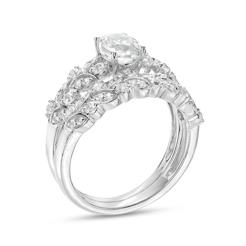 Main Image 3 of Oval White Lab-Created Sapphire Double Row Leaf Shank Bridal Set in Sterling Silver