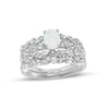 Oval Lab-Created Opal and White Lab-Created Sapphire Double Row Leaf Shank Bridal Set in Sterling Silver