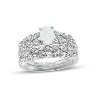 Oval Lab-Created Opal and White Lab-Created Sapphire Double Row Leaf Shank Bridal Set in Sterling Silver