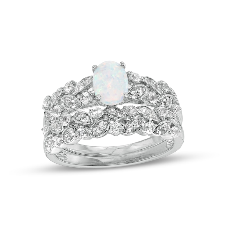 Oval Lab-Created Opal and White Lab-Created Sapphire Double Row Leaf Shank Bridal Set in Sterling Silver